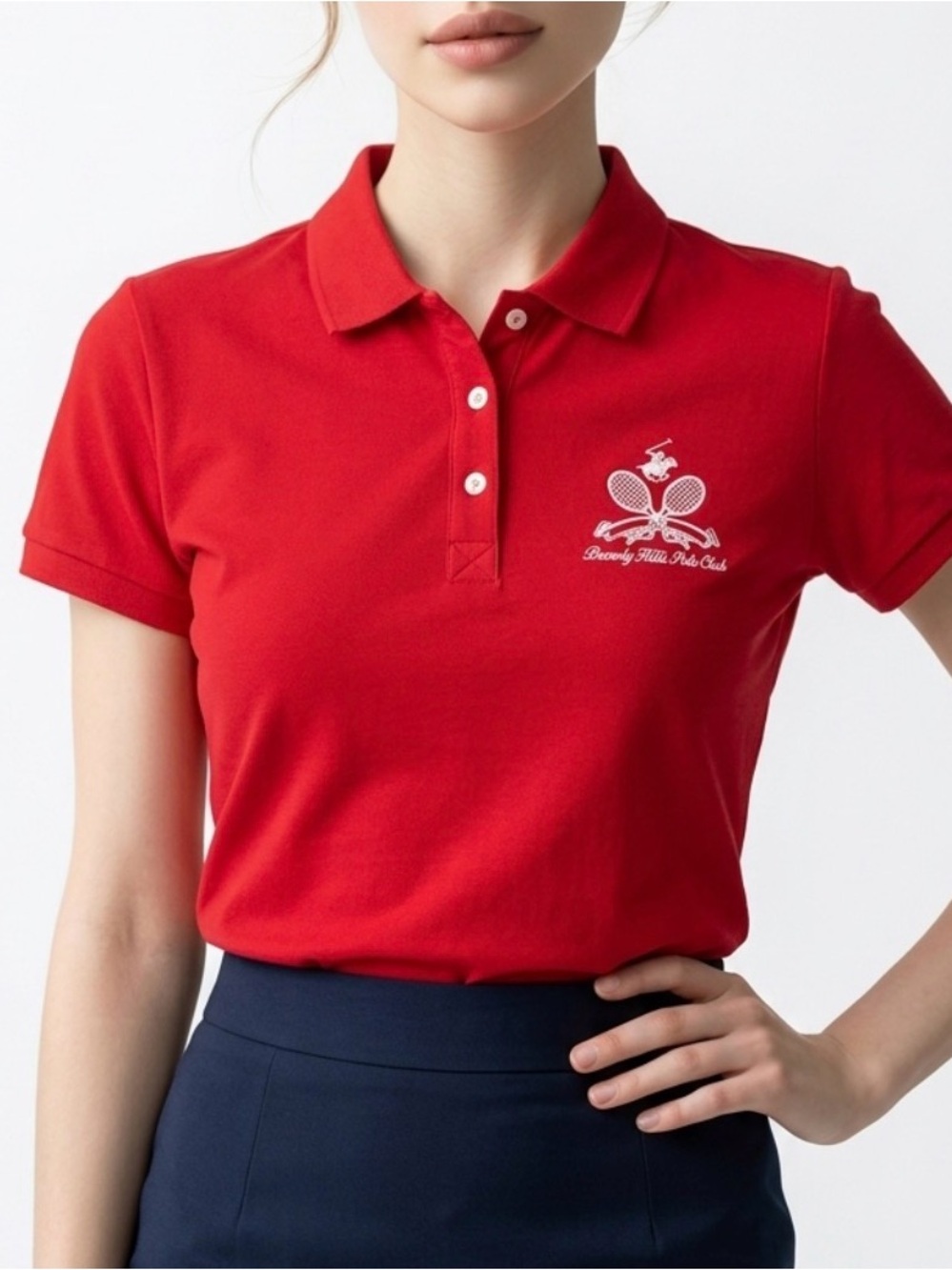 Beverly Polo Club Women’s Red Polo Shirt Medium Tennis Logo Cotton Stretch